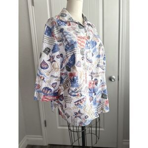 Alia Blouse Womens‎ Petite Size Large PL USA 4th Of July Print 3/4 Sleeve Button